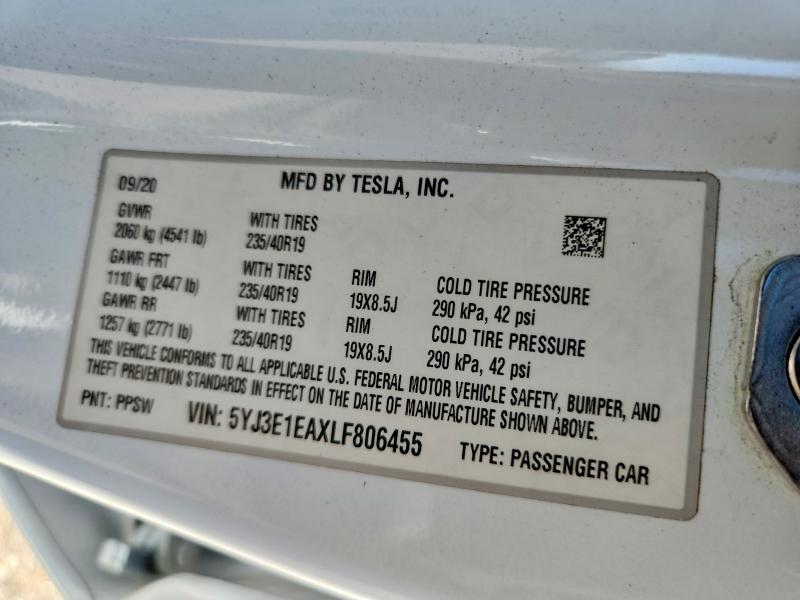 Продажа на аукционе авто 2020 Tesla Model 3, vin: 5YJ3E1EAXLF806455, номер лота: 57598536