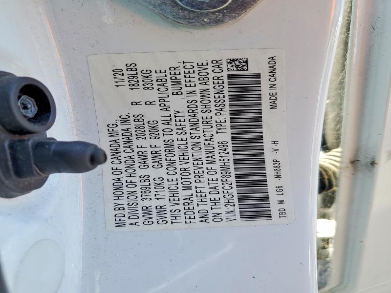 2021 Honda Civic მანქანა იყიდება აუქციონზე, vin: 2HGFC2F89MH512496, აუქციონის ნომერი: 56141436