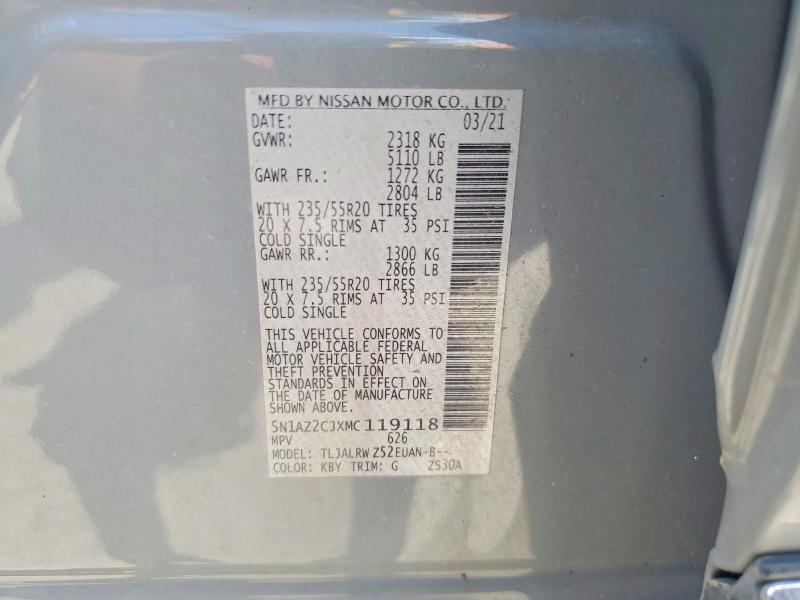 2021 Nissan Murano მანქანა იყიდება აუქციონზე, vin: 5N1AZ2CJXMC119118, აუქციონის ნომერი: 57343276