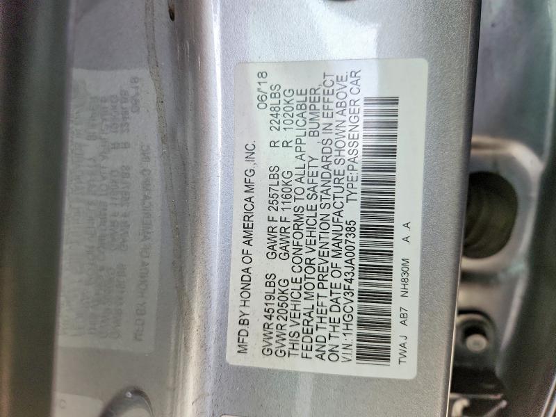 Продаж на аукціоні авто 2018 Honda Accord, vin: 1HGCV3F43JA007385, номер лоту: 59308946