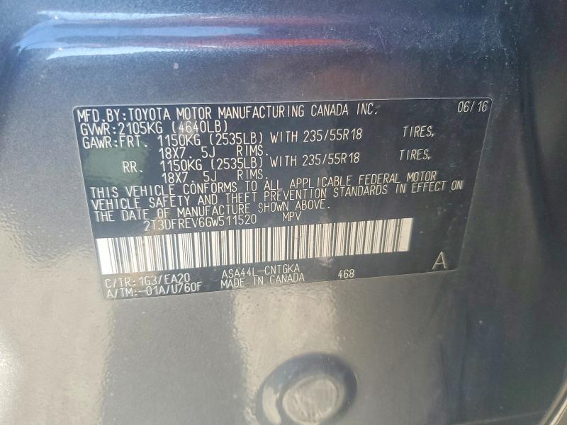 57374546 :رقم المزاد ، 2T3DFREV6GW511520 vin ، 2016 Toyota Rav4 مزاد بيع