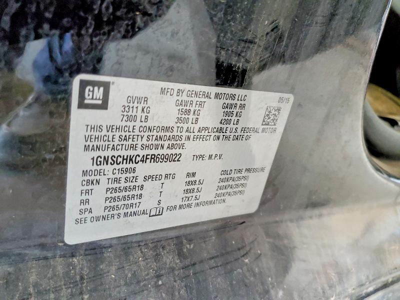 2015 Chevrolet Suburban მანქანა იყიდება აუქციონზე, vin: 1GNSCHKC4FR699022, აუქციონის ნომერი: 56041276