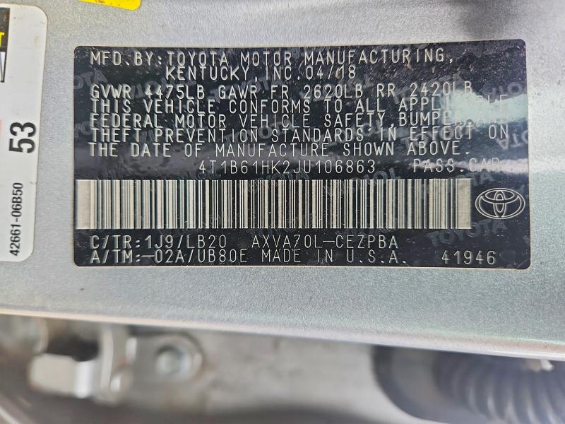Aukcja sprzedaży 2018 Toyota Camry, vin: 4T1B61HK2JU106863, numer aukcji: 57926476