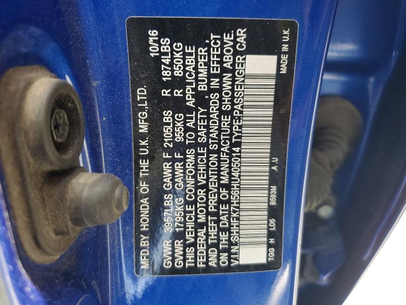 2017 Honda Civic მანქანა იყიდება აუქციონზე, vin: SHHFK7H56HU405014, აუქციონის ნომერი: 57441936