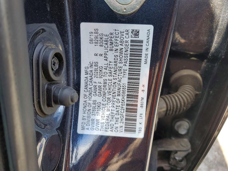 57171386 :رقم المزاد ، 2HGFC2F65KH586851 vin ، 2019 Honda Civic مزاد بيع