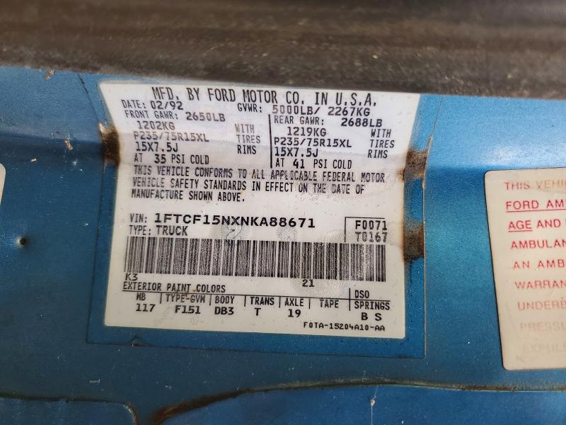 1992 Ford F150 მანქანა იყიდება აუქციონზე, vin: 1FTCF15NXNKA88671, აუქციონის ნომერი: 57479646