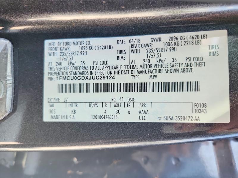 Продажа на аукционе авто 2018 Ford Escape, vin: 1FMCU0GDXJUC29124, номер лота: 59193446