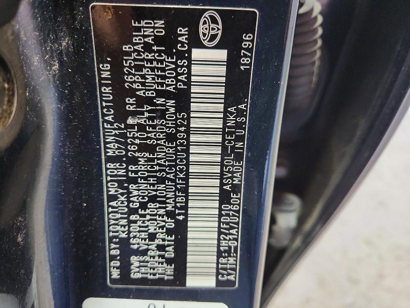 Продаж на аукціоні авто 2012 Toyota Camry, vin: 4T1BF1FK3CU139425, номер лоту: 54861796