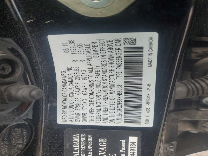 2019 Honda Civic მანქანა იყიდება აუქციონზე, vin: 2HGFC2F88KH589681, აუქციონის ნომერი: 57408336