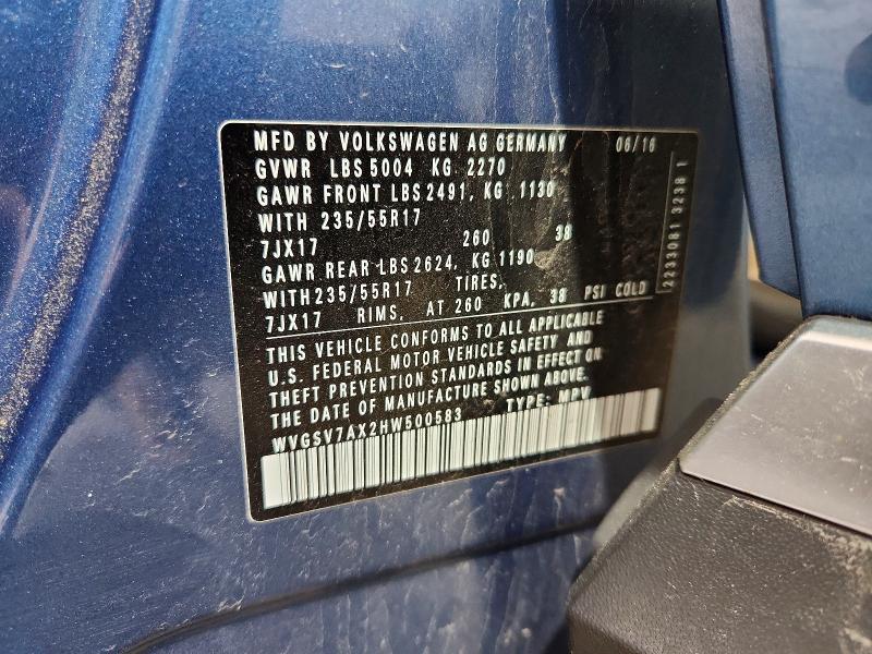 55707966 :رقم المزاد ، WVGSV7AX2HW500583 vin ، 2017 Volkswagen Tiguan مزاد بيع
