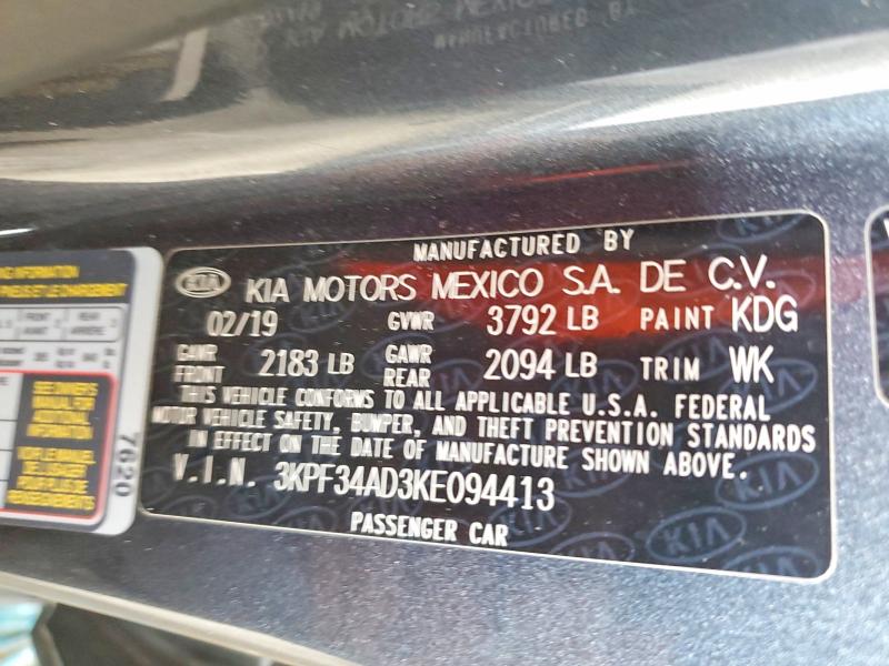 57724446 :رقم المزاد ، 3KPF34AD3KE094413 vin ، 2019 Kia Forte مزاد بيع