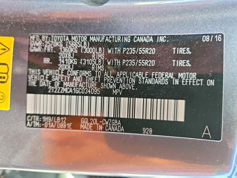 2016 Lexus Rx მანქანა იყიდება აუქციონზე, vin: 2T2ZZMCA1GC034095, აუქციონის ნომერი: 59326226