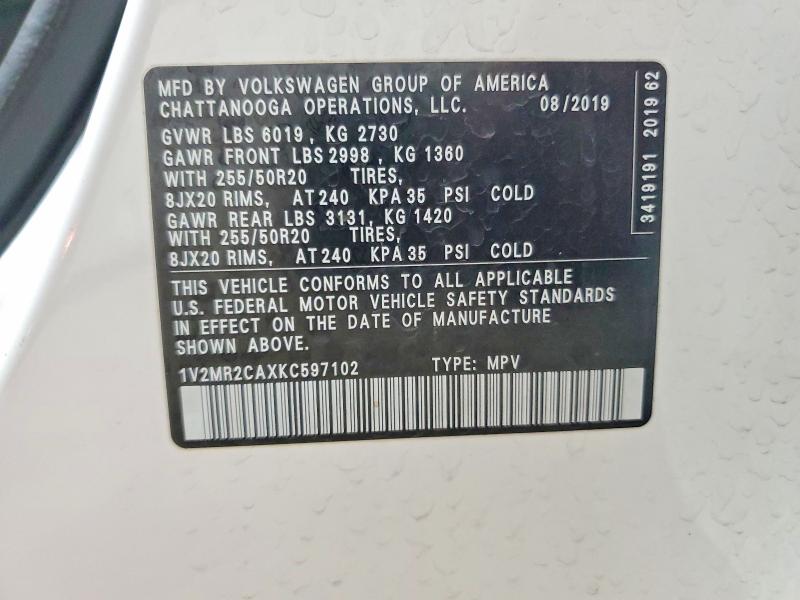 2019 Volkswagen Atlas მანქანა იყიდება აუქციონზე, vin: 1V2MR2CAXKC597102, აუქციონის ნომერი: 56845816