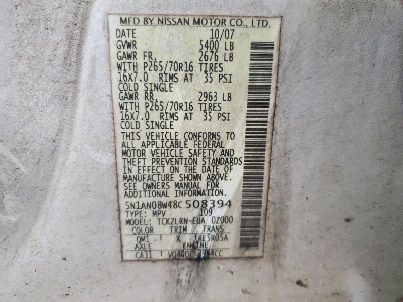 2008 Nissan Xterra მანქანა იყიდება აუქციონზე, vin: 5N1AN08W48C508394, აუქციონის ნომერი: 85452045