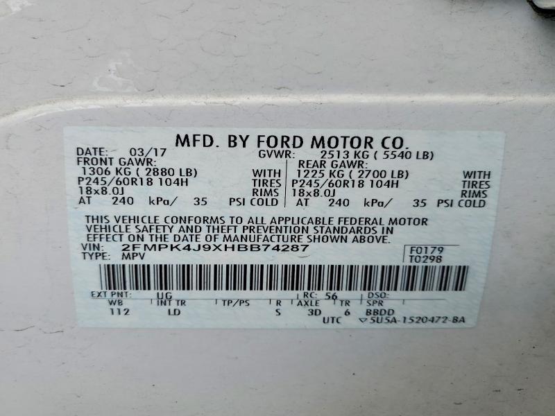 Aukcja sprzedaży 2017 Ford Edge, vin: 2FMPK4J9XHBB74287, numer aukcji: 59555236
