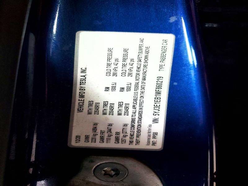 Продаж на аукціоні авто 2021 Tesla Model 3, vin: 5YJ3E1EB1MF860219, номер лоту: 57056916