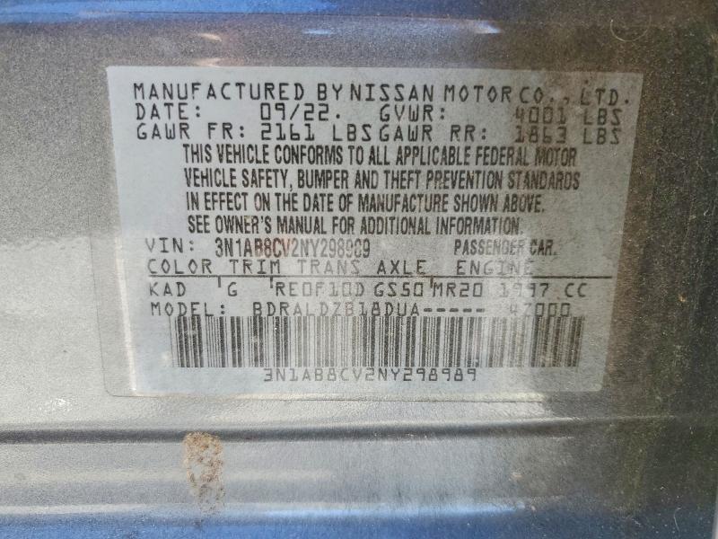 2022 Nissan Sentra მანქანა იყიდება აუქციონზე, vin: 3N1AB8CV2NY298989, აუქციონის ნომერი: 58461926