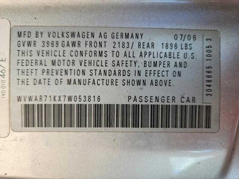 2007 Volkswagen Rabbit მანქანა იყიდება აუქციონზე, vin: WVWAR71KX7W053816, აუქციონის ნომერი: 57340376