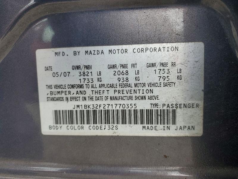 56261266 :رقم المزاد ، JM1BK32F271770355 vin ، 2007 Mazda 3 مزاد بيع
