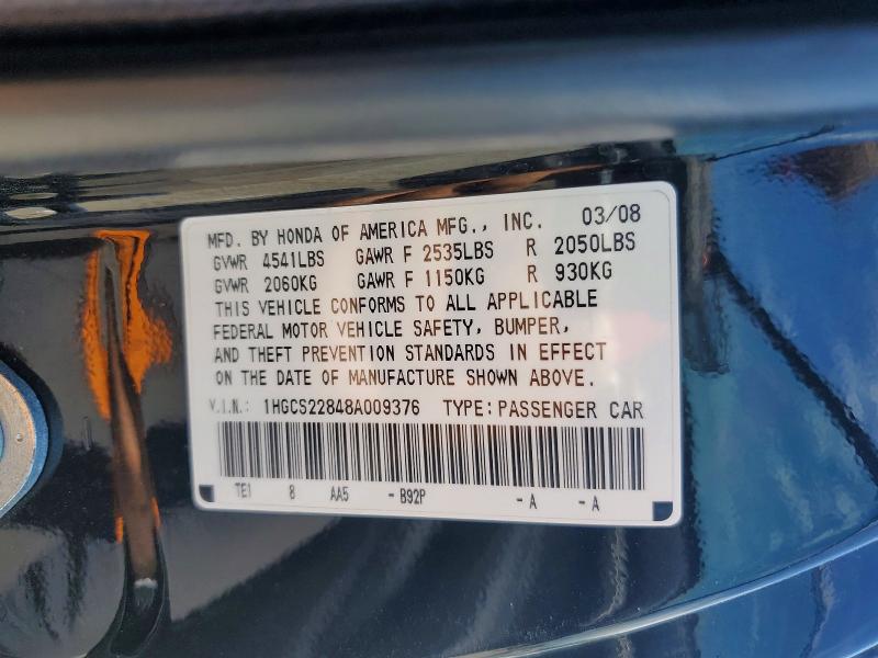 2008 Honda Accord მანქანა იყიდება აუქციონზე, vin: 1HGCS22848A009376, აუქციონის ნომერი: 56357006