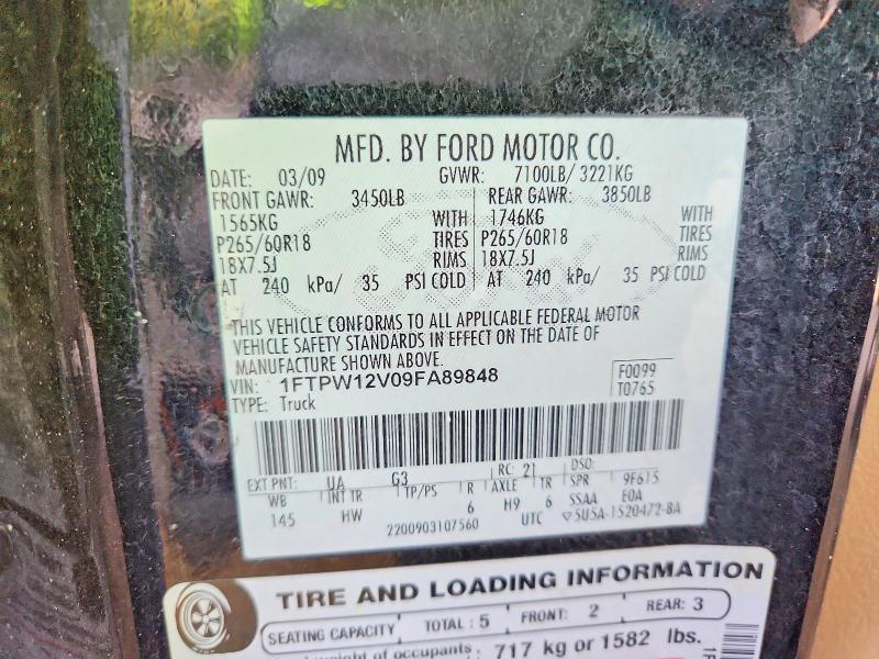 2009 Ford F150 მანქანა იყიდება აუქციონზე, vin: 1FTPW12V09FA89848, აუქციონის ნომერი: 58036426
