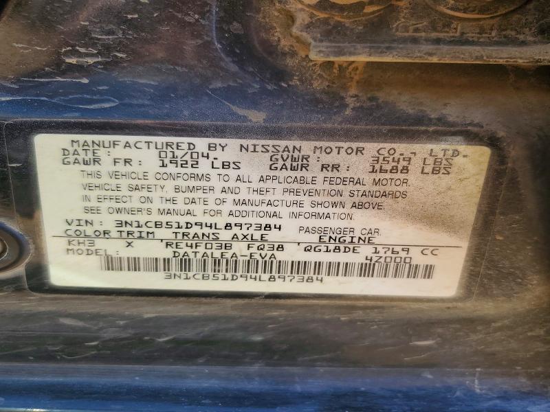 2004 Nissan Sentra მანქანა იყიდება აუქციონზე, vin: 3N1CB51D94L897384, აუქციონის ნომერი: 56865686