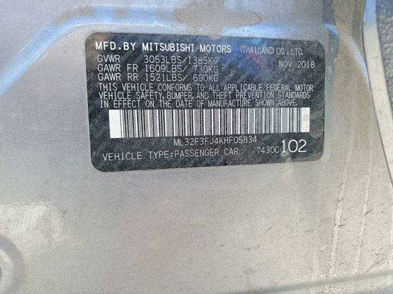 59143896 :رقم المزاد ، ML32F3FJ4KHF05834 vin ، 2019 Mitsubishi Mirage مزاد بيع