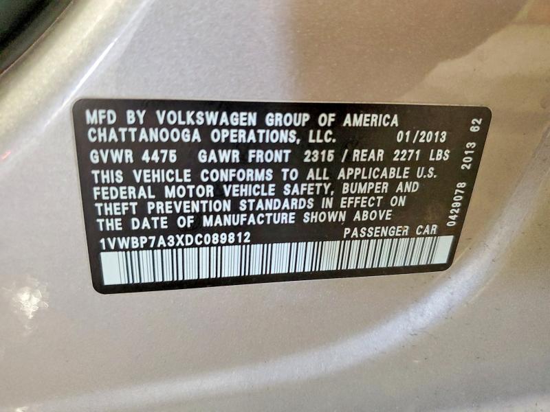 2013 Volkswagen Passat მანქანა იყიდება აუქციონზე, vin: 1VWBP7A3XDC089812, აუქციონის ნომერი: 58059226