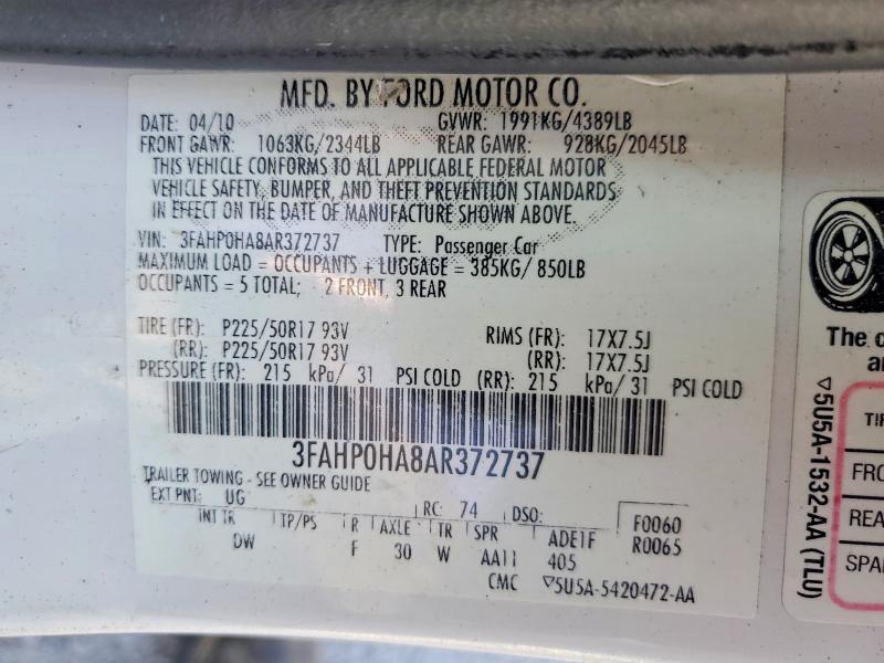 Продажа на аукционе авто 2010 Ford Fusion, vin: 3FAHP0HA8AR372737, номер лота: 59337566