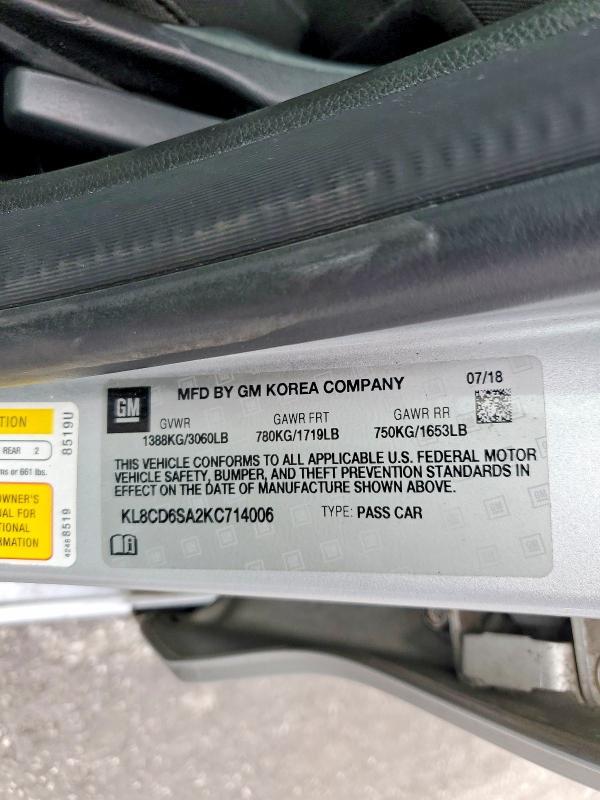 2019 Chevrolet Spark მანქანა იყიდება აუქციონზე, vin: KL8CD6SA2KC714006, აუქციონის ნომერი: 57422446