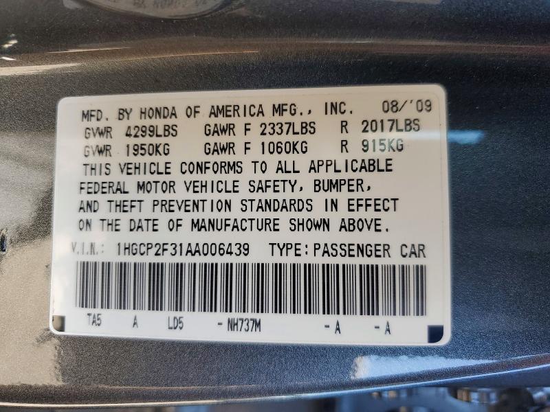 Aukcja sprzedaży 2010 Honda Accord, vin: 1HGCP2F31AA006439, numer aukcji: 56403576