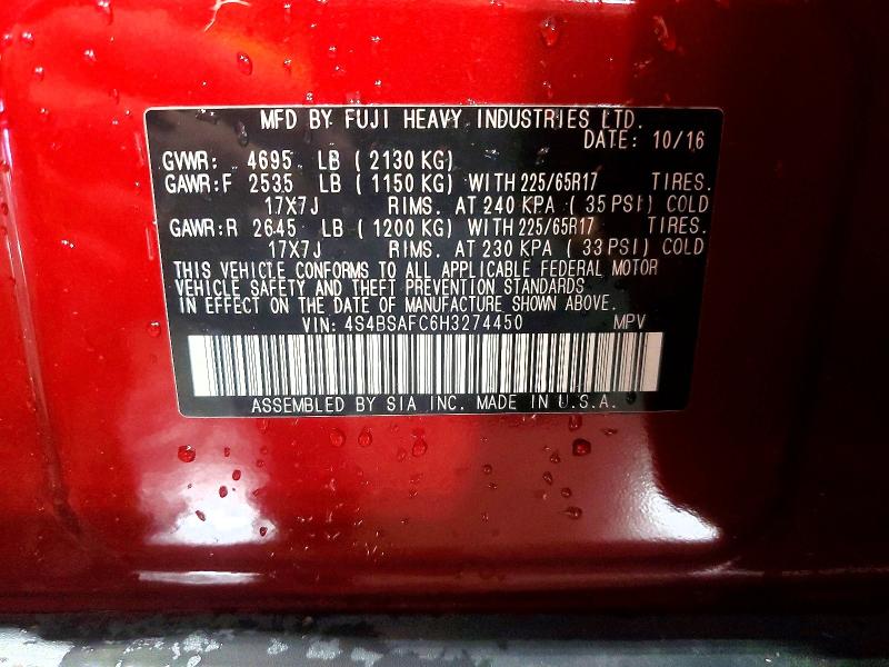 2017 Subaru Outback მანქანა იყიდება აუქციონზე, vin: 4S4BSAFC6H3274450, აუქციონის ნომერი: 58412086