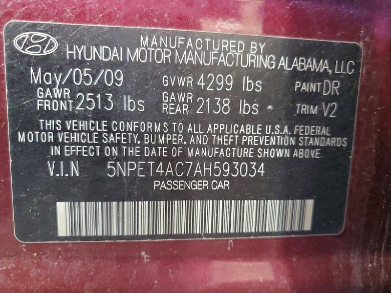 57255046 :رقم المزاد ، 5NPET4AC7AH593034 vin ، 2010 Hyundai Sonata مزاد بيع