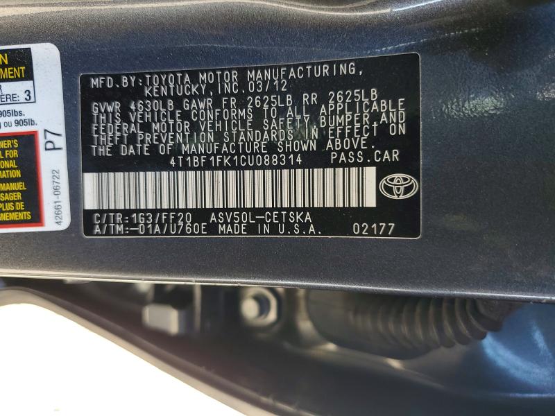 2012 Toyota Camry მანქანა იყიდება აუქციონზე, vin: 4T1BF1FK1CU088314, აუქციონის ნომერი: 58926596