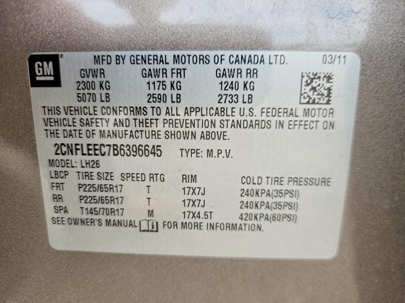 56719566 :رقم المزاد ، 2CNFLEEC7B6396645 vin ، 2011 Chevrolet Equinox مزاد بيع