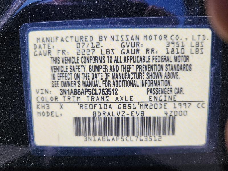 2012 Nissan Sentra მანქანა იყიდება აუქციონზე, vin: 3N1AB6AP5CL763512, აუქციონის ნომერი: 56330546