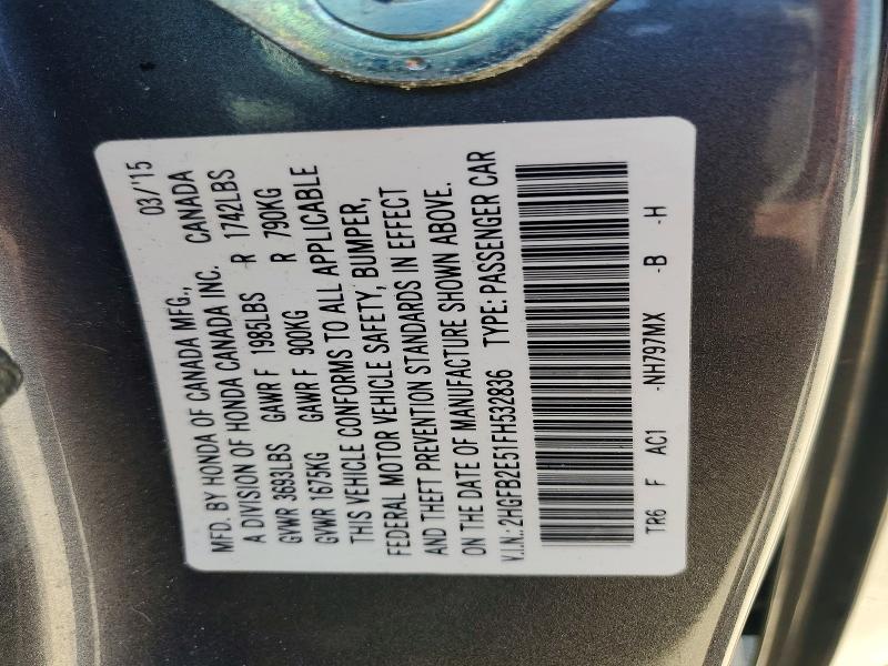 57143466 :رقم المزاد ، 2HGFB2E51FH532836 vin ، 2015 Honda Civic مزاد بيع