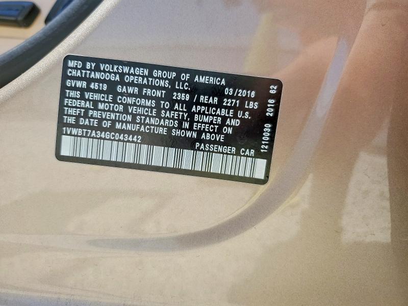 58706616 :رقم المزاد ، 1VWBT7A34GC043442 vin ، 2016 Volkswagen Passat مزاد بيع