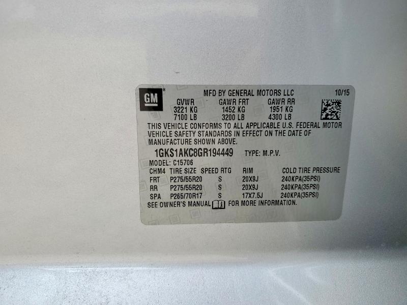 57048396 :رقم المزاد ، 1GKS1AKC8GR194449 vin ، 2016 Gmc Yukon مزاد بيع