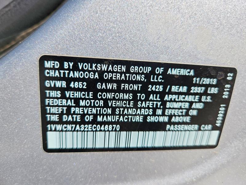 2014 Volkswagen Passat მანქანა იყიდება აუქციონზე, vin: 1VWCN7A32EC046870, აუქციონის ნომერი: 57490566