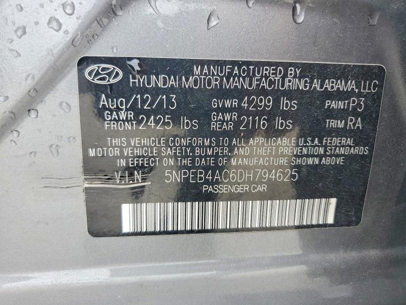 58239476 :رقم المزاد ، 5NPEB4AC6DH794625 vin ، 2013 Hyundai Sonata مزاد بيع