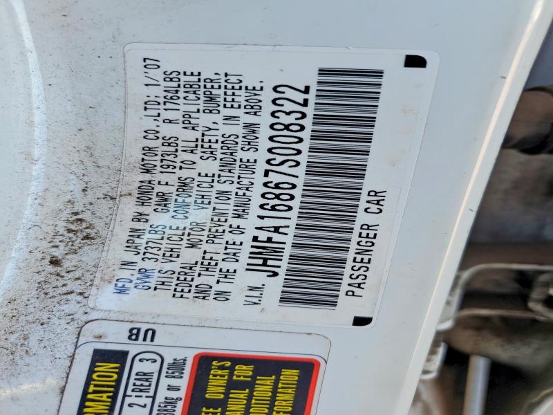 2007 Honda Civic მანქანა იყიდება აუქციონზე, vin: JHMFA16867S008322, აუქციონის ნომერი: 55369916