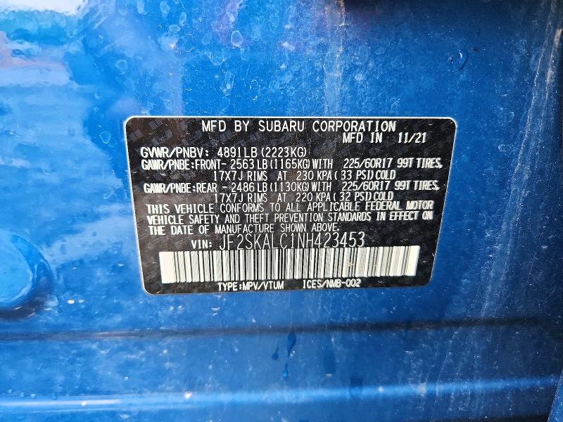 2022 Subaru Forester მანქანა იყიდება აუქციონზე, vin: JF2SKALC1NH423453, აუქციონის ნომერი: 58760206