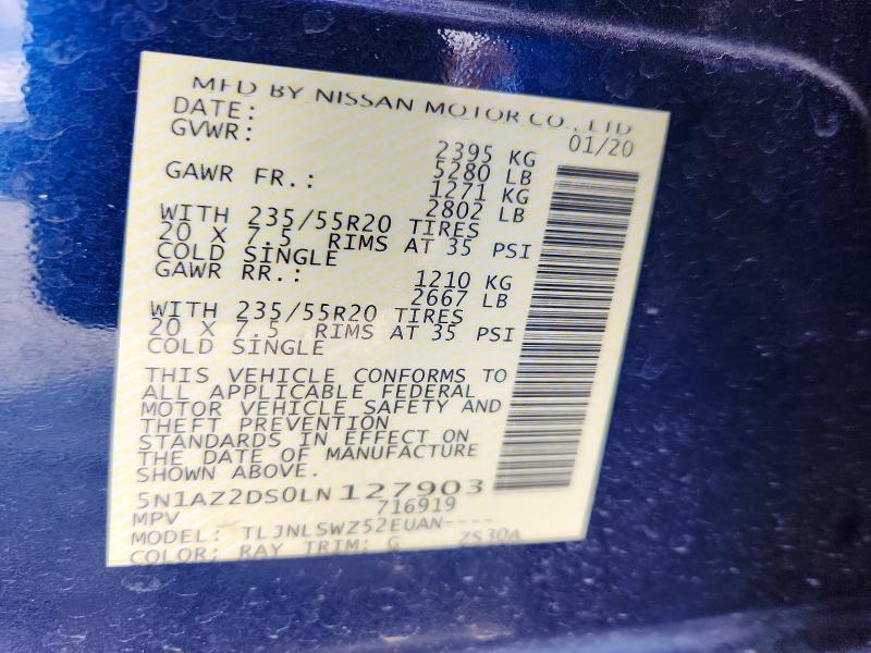 Auction sale of the 2020 Nissan Murano, vin: 5N1AZ2DS0LN127903, lot number: 58957596