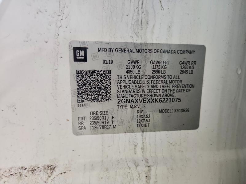 Aukcja sprzedaży 2019 Chevrolet Equinox, vin: 2GNAXVEXXK6221075, numer aukcji: 54983916