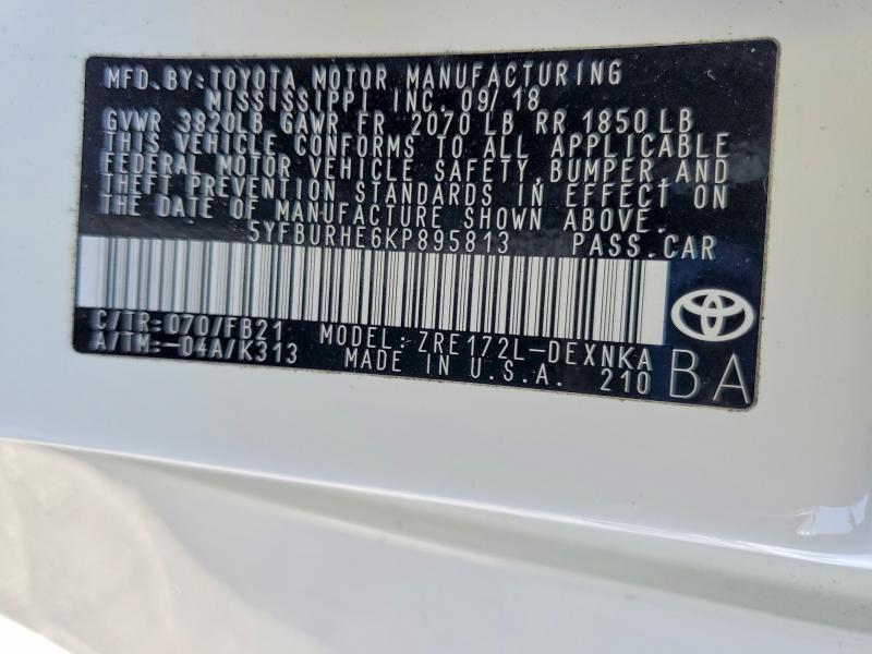 Aukcja sprzedaży 2019 Toyota Corolla, vin: 5YFBURHE6KP895813, numer aukcji: 55927466