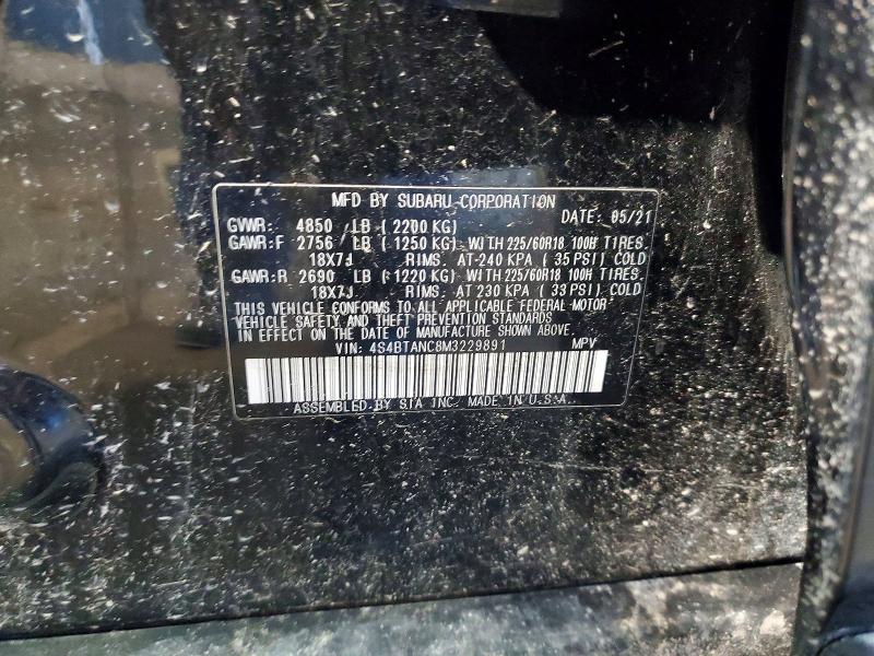 2021 Subaru Outback მანქანა იყიდება აუქციონზე, vin: 4S4BTANC8M3229891, აუქციონის ნომერი: 55829746