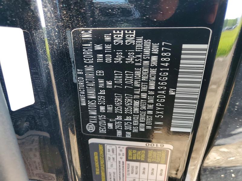 56890776 :رقم المزاد ، 5XYPGDA36GG148877 vin ، 2016 Kia Sorento مزاد بيع