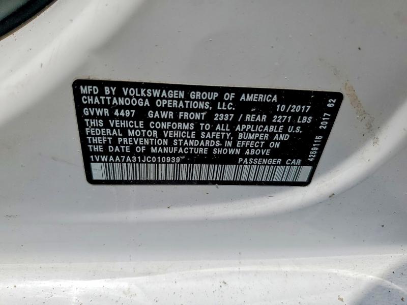 Aukcja sprzedaży 2018 Volkswagen Passat, vin: 1VWAA7A31JC010939, numer aukcji: 73345025