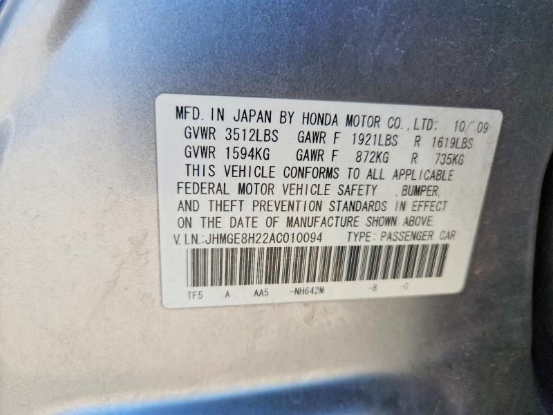 2010 Honda Fit მანქანა იყიდება აუქციონზე, vin: JHMGE8H22AC010094, აუქციონის ნომერი: 55724436